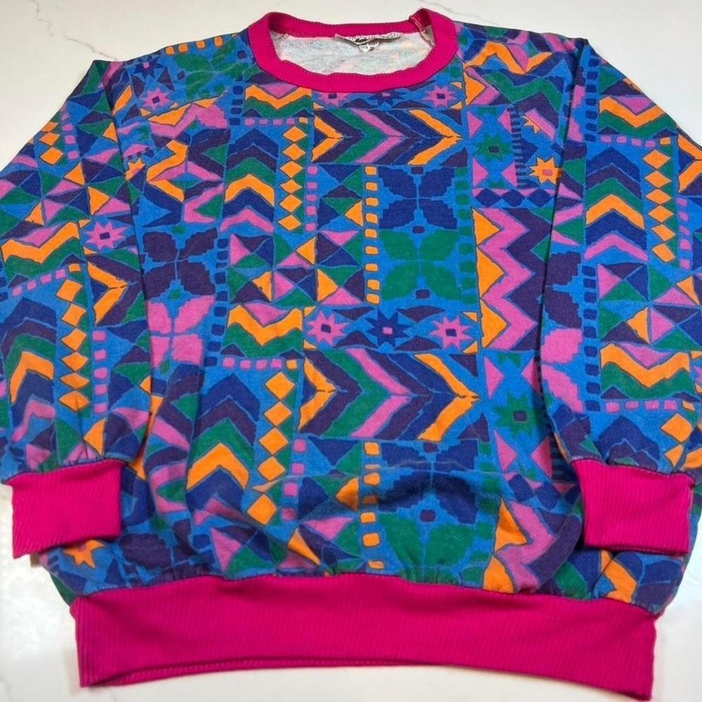 Vintage Abstract Geometric Sweatshirt Unisex 80s 90s All Over Print Pink Trim